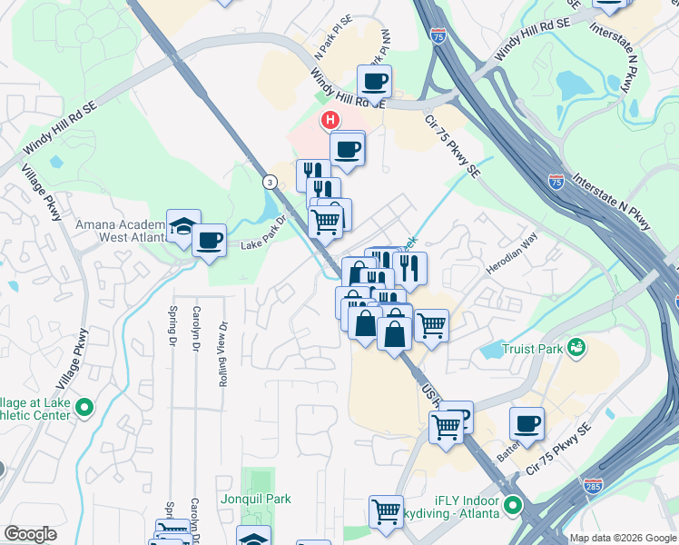 map of restaurants, bars, coffee shops, grocery stores, and more near 2345 Cobb Parkway Southeast in Smyrna