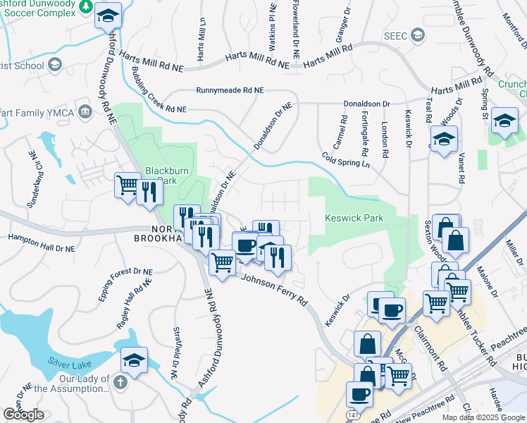 map of restaurants, bars, coffee shops, grocery stores, and more near 3725 Inglewood Way in Atlanta