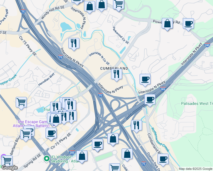 map of restaurants, bars, coffee shops, grocery stores, and more near 320 Interstate North Parkway in Atlanta