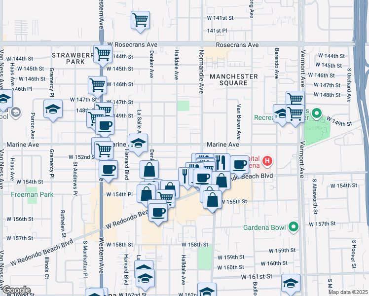 map of restaurants, bars, coffee shops, grocery stores, and more near 1450 Marine Avenue in Gardena