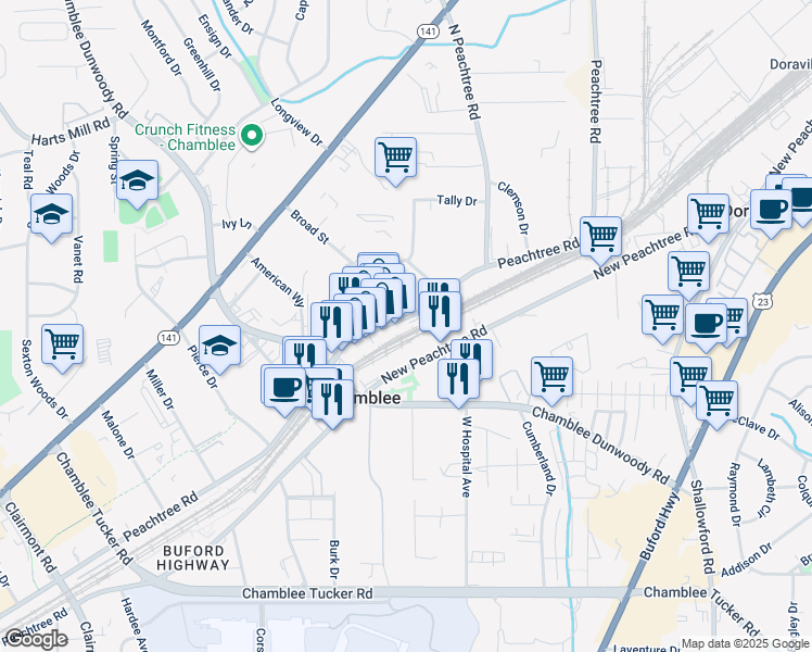 map of restaurants, bars, coffee shops, grocery stores, and more near 5515 Peachtree Rd in Atlanta
