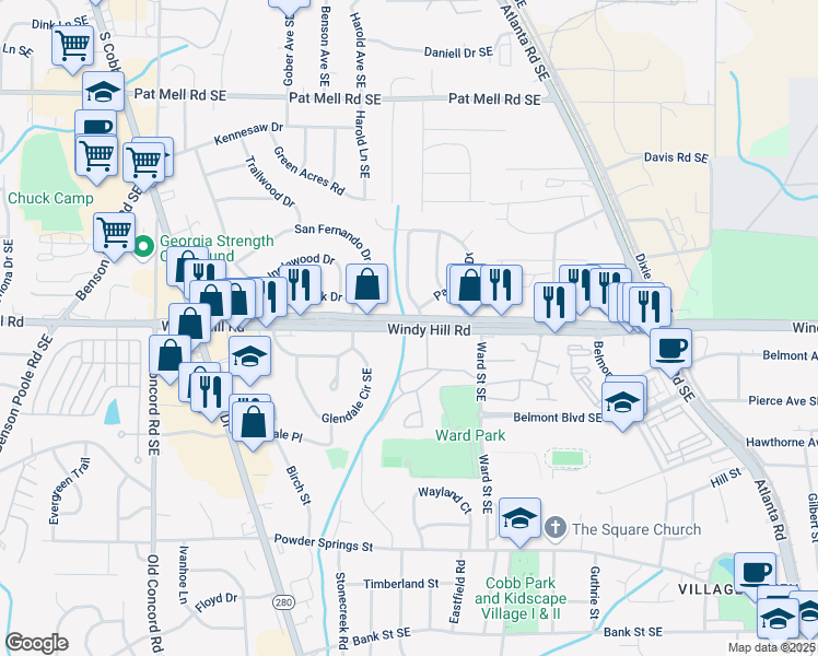 map of restaurants, bars, coffee shops, grocery stores, and more near 790 Windy Hill Road in Smyrna
