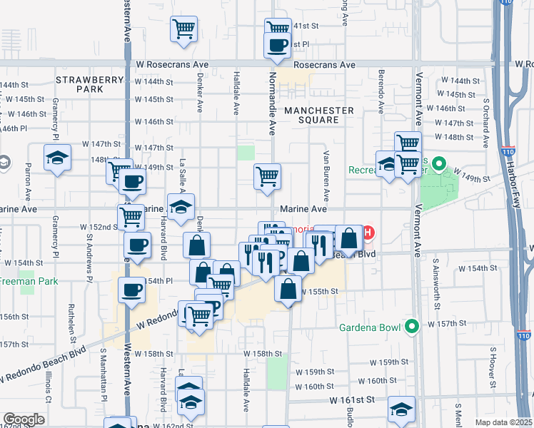 map of restaurants, bars, coffee shops, grocery stores, and more near 15121 Normandie Avenue in Gardena