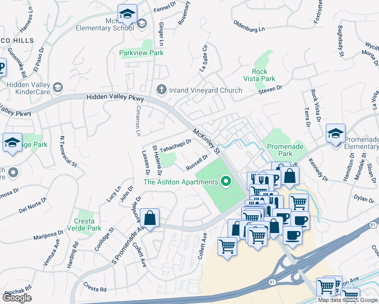 map of restaurants, bars, coffee shops, grocery stores, and more near 712 Mount Thompson Circle in Corona