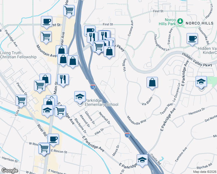 map of restaurants, bars, coffee shops, grocery stores, and more near 809 Ringdahl Circle in Corona