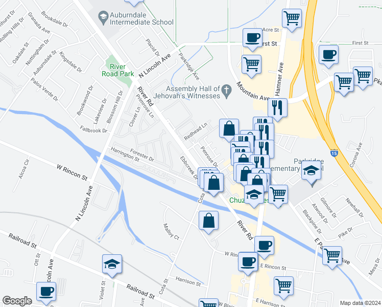 map of restaurants, bars, coffee shops, grocery stores, and more near 551 River Road in Corona