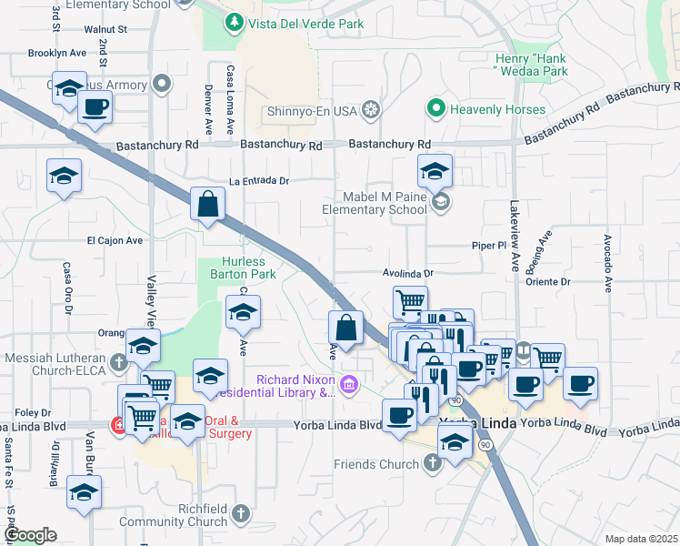 map of restaurants, bars, coffee shops, grocery stores, and more near 17961 Sequoia Circle in Yorba Linda