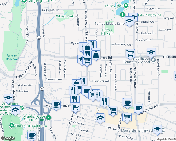 map of restaurants, bars, coffee shops, grocery stores, and more near 436 Lewis Place in Placentia