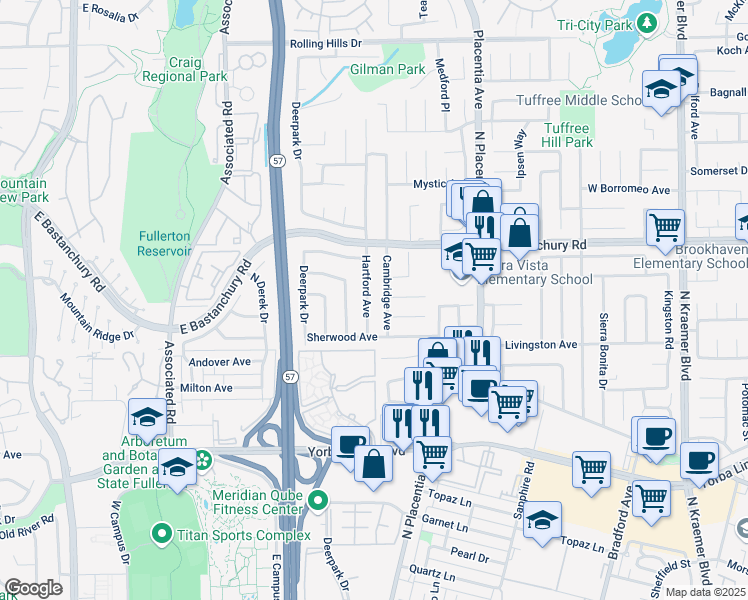 map of restaurants, bars, coffee shops, grocery stores, and more near 2225 Hartford Avenue in Fullerton