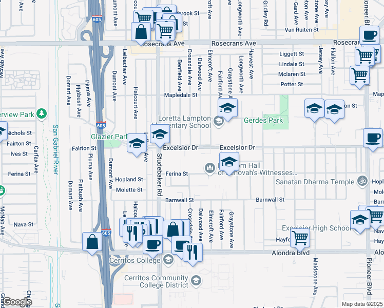map of restaurants, bars, coffee shops, grocery stores, and more near 11124 Excelsior Drive in Norwalk