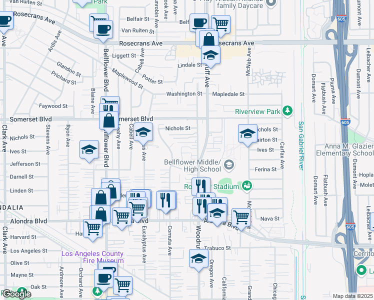 map of restaurants, bars, coffee shops, grocery stores, and more near 15404 Cornuta Avenue in Bellflower