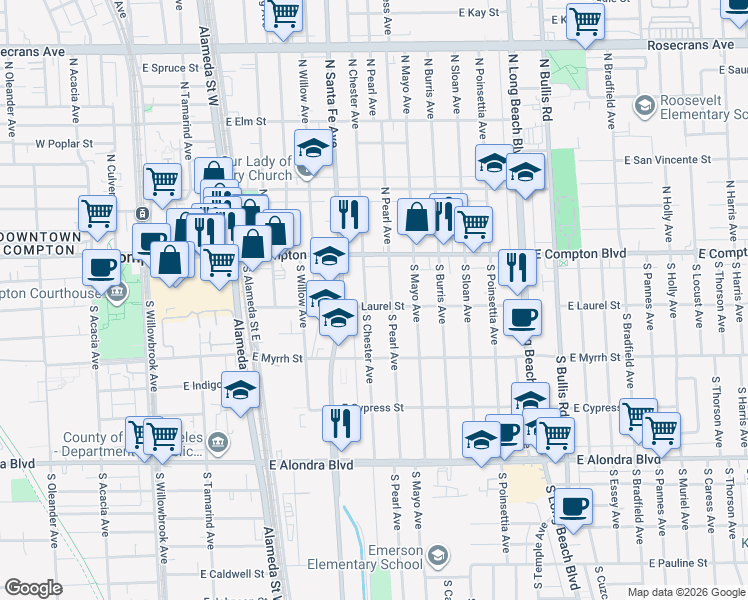 map of restaurants, bars, coffee shops, grocery stores, and more near 718 East Laurel Street in Compton