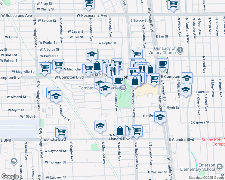 map of restaurants, bars, coffee shops, grocery stores, and more near 314 West Almond Street in Compton