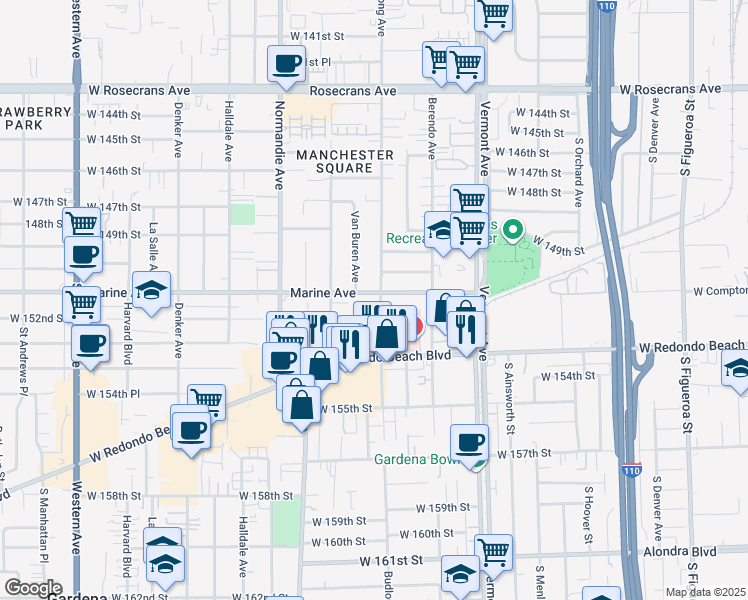 map of restaurants, bars, coffee shops, grocery stores, and more near 15122 Budlong Avenue in Gardena
