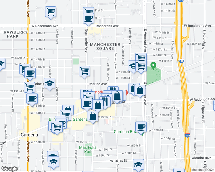 map of restaurants, bars, coffee shops, grocery stores, and more near 15130 South Raymond Avenue in Gardena