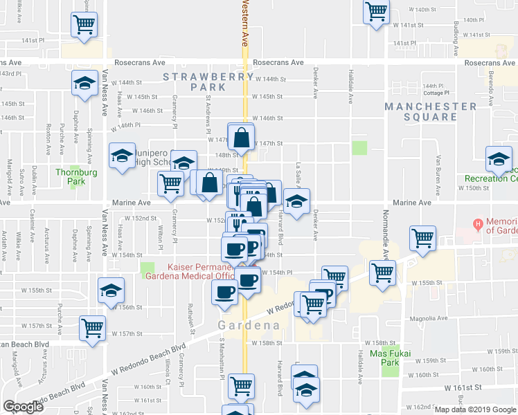 map of restaurants, bars, coffee shops, grocery stores, and more near 1723 West 152nd Street in Gardena