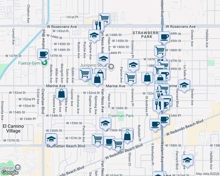 map of restaurants, bars, coffee shops, grocery stores, and more near 2121 West 152nd Street in Gardena