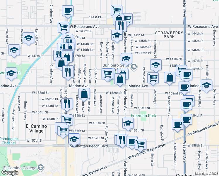 map of restaurants, bars, coffee shops, grocery stores, and more near 2407 West 152nd Street in Gardena