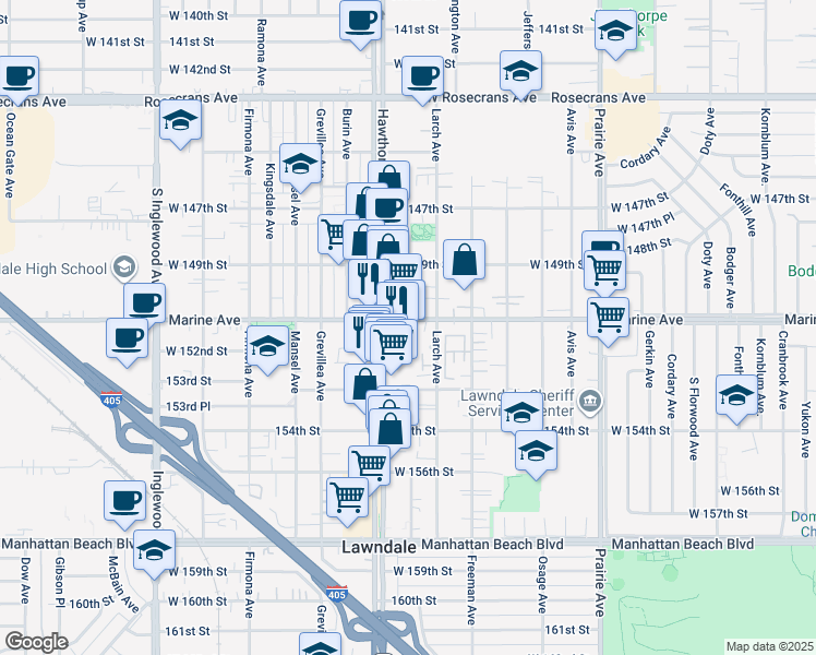 map of restaurants, bars, coffee shops, grocery stores, and more near 15126-B Hawthorne Boulevard in Lawndale