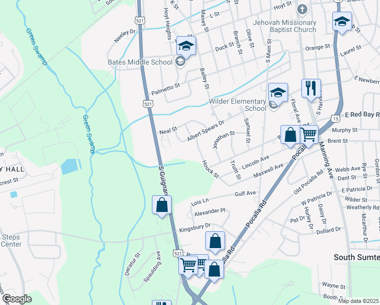 map of restaurants, bars, coffee shops, grocery stores, and more near 980 Houck Street in Sumter