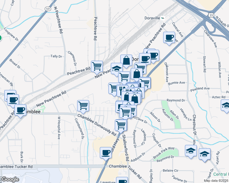 map of restaurants, bars, coffee shops, grocery stores, and more near 3578 Shallowford Road in Atlanta