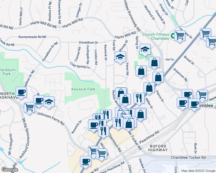 map of restaurants, bars, coffee shops, grocery stores, and more near 3533 Keswick Drive in Chamblee