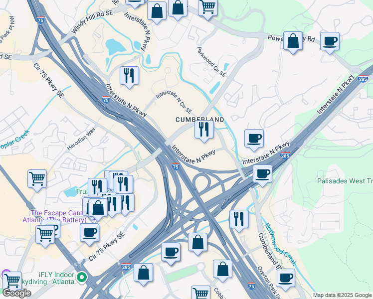 map of restaurants, bars, coffee shops, grocery stores, and more near 310 Interstate North Parkway in Atlanta