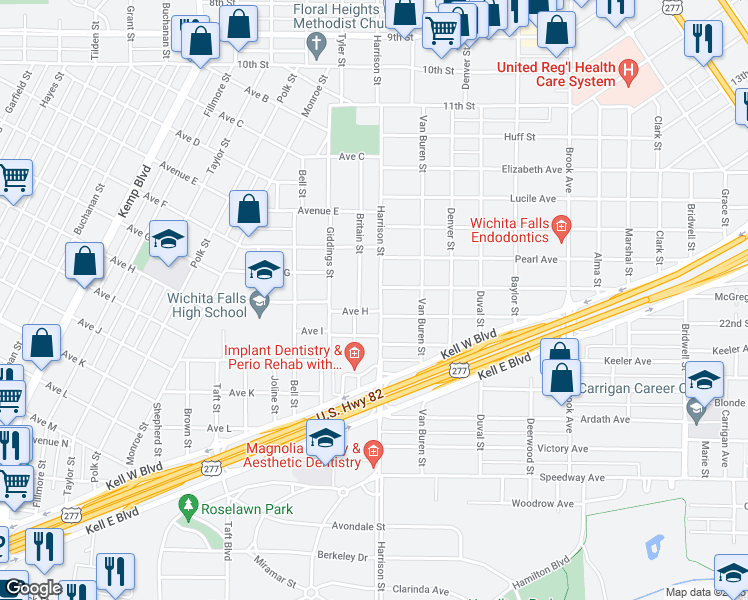 map of restaurants, bars, coffee shops, grocery stores, and more near 2104 Avenue H in Wichita Falls