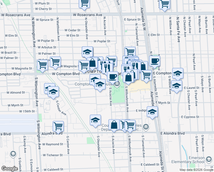 map of restaurants, bars, coffee shops, grocery stores, and more near 223 South Acacia Avenue in Compton
