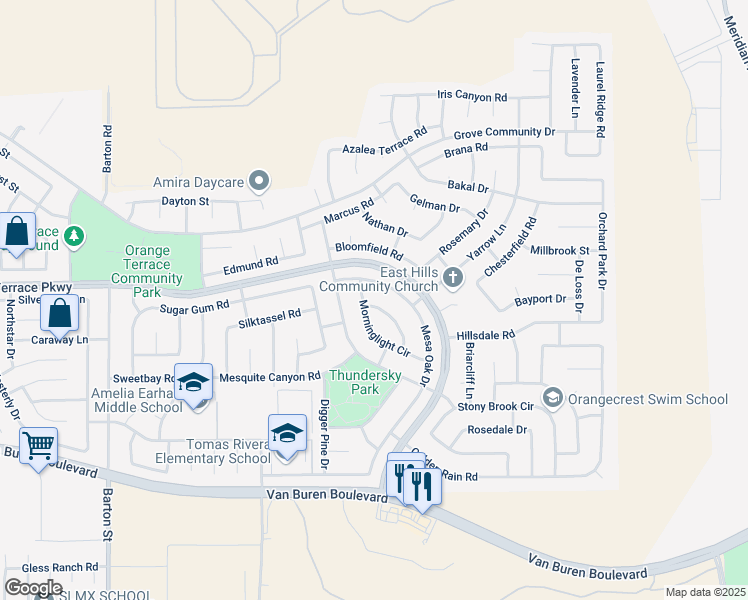 map of restaurants, bars, coffee shops, grocery stores, and more near 8608 Oakthorn Circle in Riverside