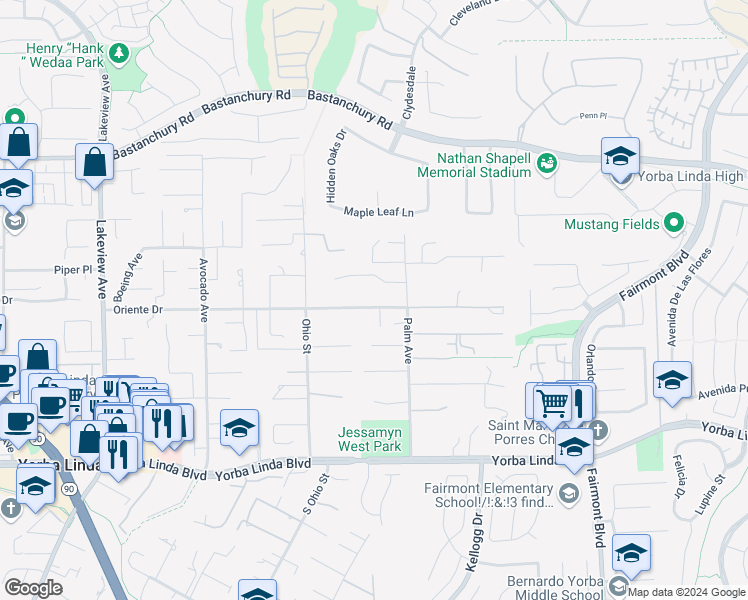 map of restaurants, bars, coffee shops, grocery stores, and more near 19151 Oriente Drive in Yorba Linda
