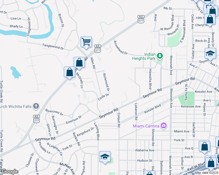 map of restaurants, bars, coffee shops, grocery stores, and more near 2128 Richmond Drive in Wichita Falls