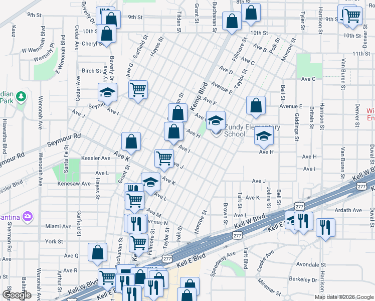map of restaurants, bars, coffee shops, grocery stores, and more near 2499 Ave I in Wichita Falls