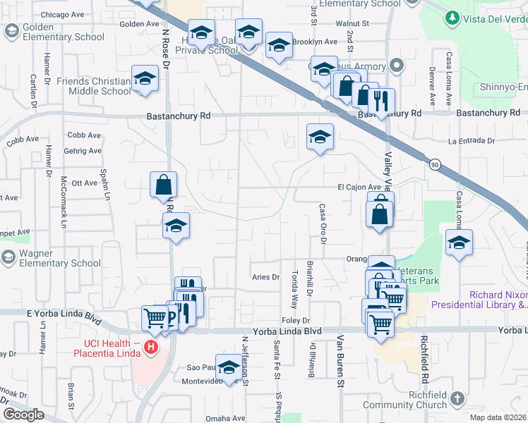 map of restaurants, bars, coffee shops, grocery stores, and more near 4611 Santa Fe Street in Yorba Linda