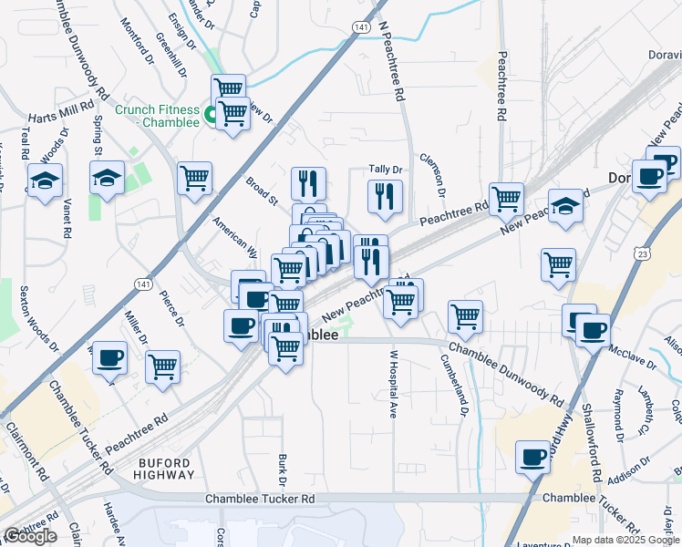 map of restaurants, bars, coffee shops, grocery stores, and more near 5515 Peachtree Road in Atlanta