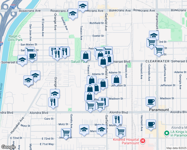 map of restaurants, bars, coffee shops, grocery stores, and more near 7200 Adams Street in Paramount