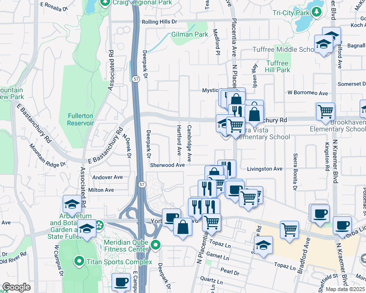 map of restaurants, bars, coffee shops, grocery stores, and more near 2225 Hartford Avenue in Fullerton
