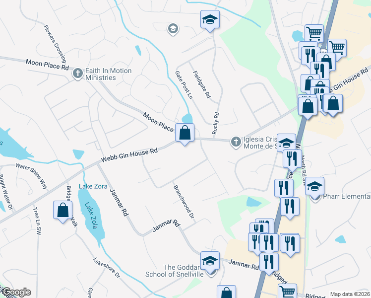 map of restaurants, bars, coffee shops, grocery stores, and more near 1874 Webb Gin House Road in Snellville
