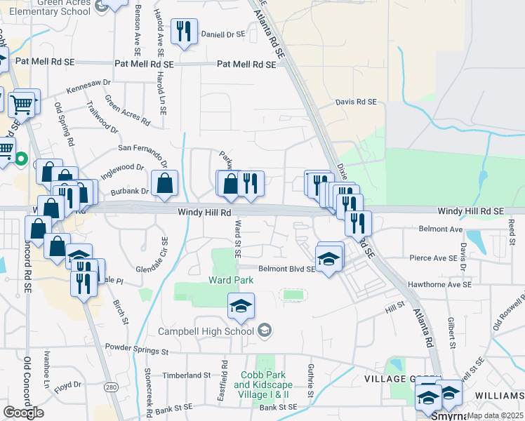 map of restaurants, bars, coffee shops, grocery stores, and more near 920 Windy Hill Road Southeast in Smyrna