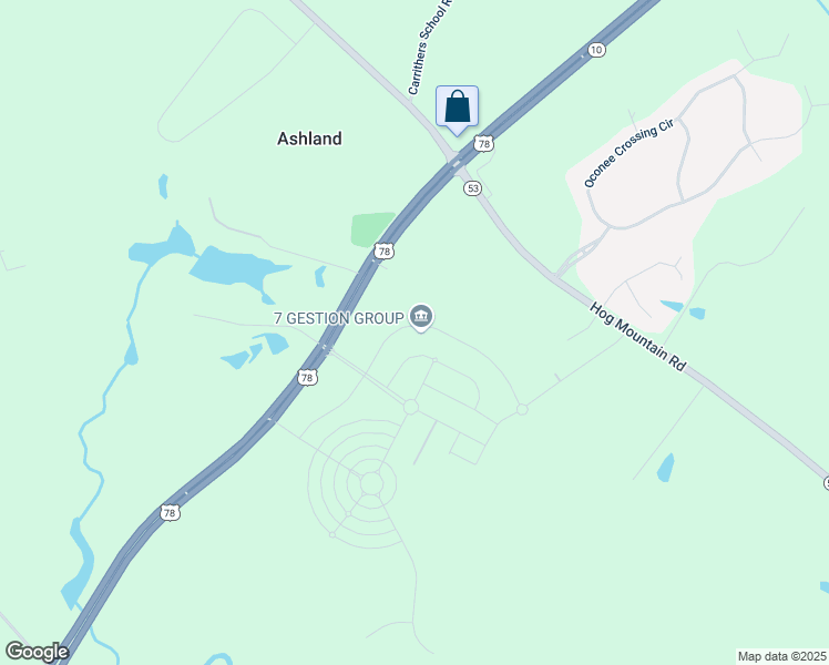map of restaurants, bars, coffee shops, grocery stores, and more near 2629 Brookstone Crossing in Bogart