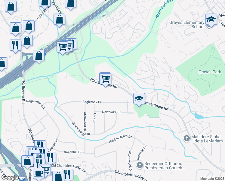 map of restaurants, bars, coffee shops, grocery stores, and more near 3772 Pleasantdale Road in Atlanta