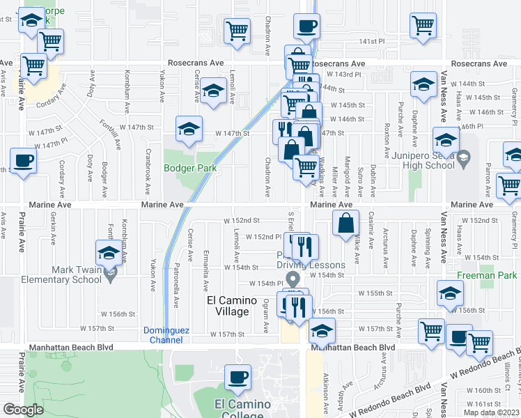 map of restaurants, bars, coffee shops, grocery stores, and more near 3212 Marine Avenue in Gardena