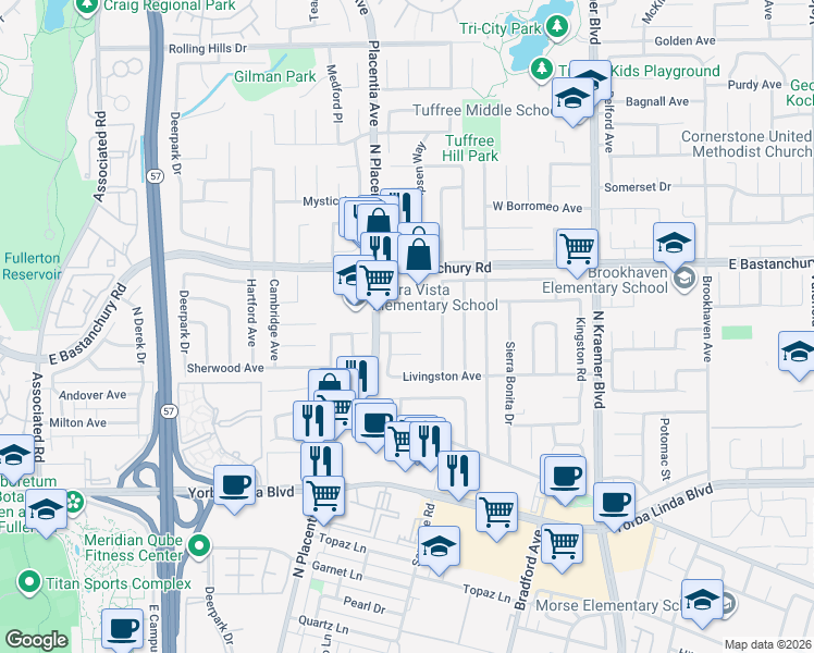 map of restaurants, bars, coffee shops, grocery stores, and more near 425 Lewis Place in Placentia
