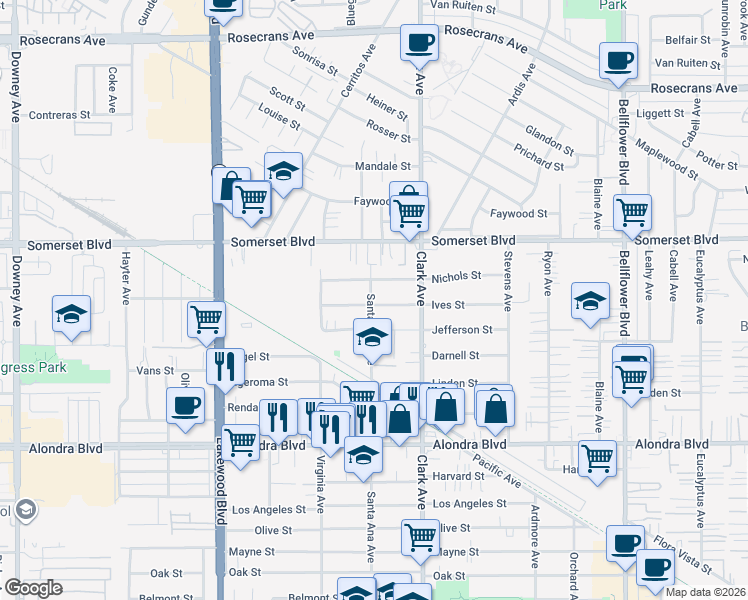 map of restaurants, bars, coffee shops, grocery stores, and more near 9301 Ives Street in Bellflower