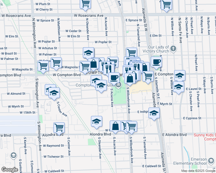 map of restaurants, bars, coffee shops, grocery stores, and more near 223 South Acacia Avenue in Compton