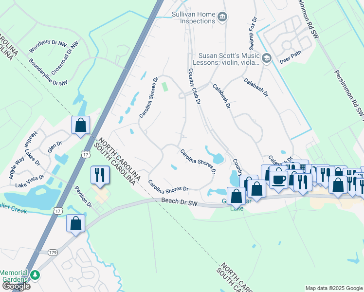 map of restaurants, bars, coffee shops, grocery stores, and more near 4-10 Pelican Court in Carolina Shores