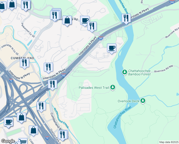 map of restaurants, bars, coffee shops, grocery stores, and more near 2383 Akers Mill Road Southeast in Atlanta