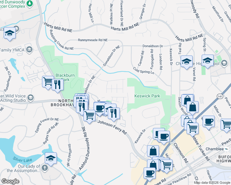 map of restaurants, bars, coffee shops, grocery stores, and more near 3555 Brookleigh Lane Northeast in Brookhaven