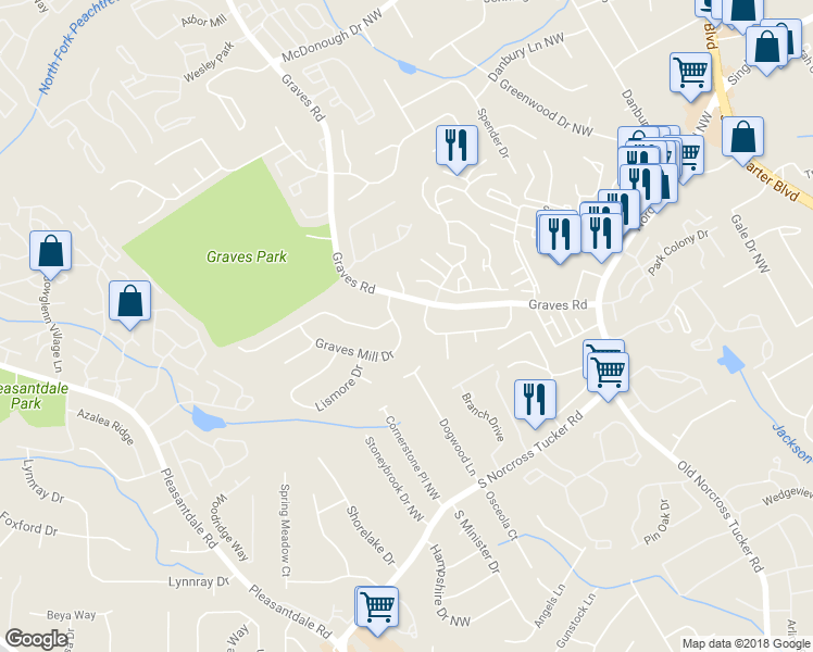 map of restaurants, bars, coffee shops, grocery stores, and more near 6686 Graves Mill Drive in Norcross