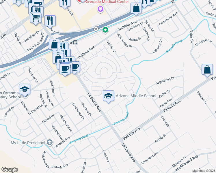 map of restaurants, bars, coffee shops, grocery stores, and more near 3103 Eastman Court in Riverside